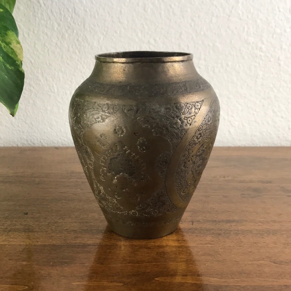 Rare Solid Brass Hand Etched Vase